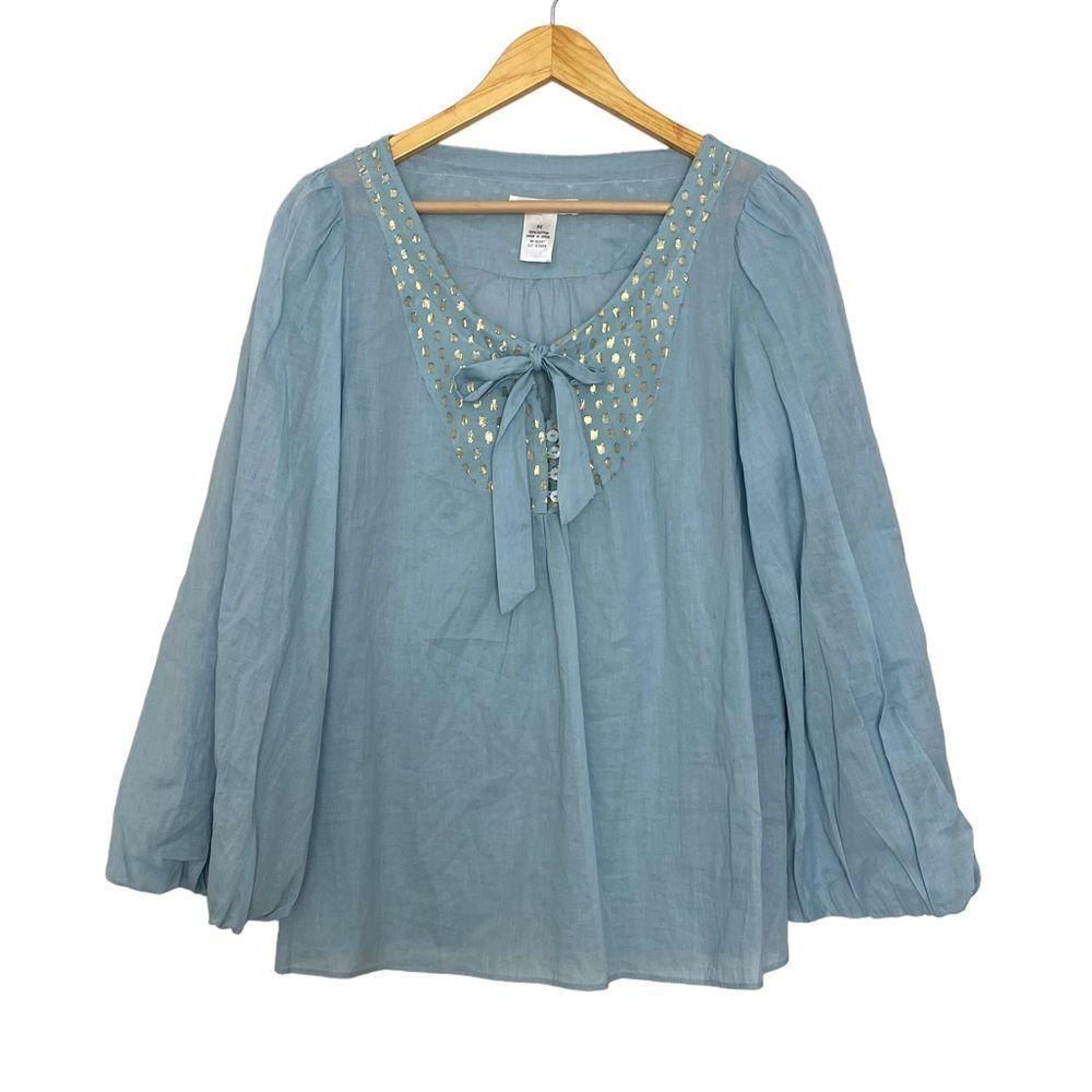Light Blue Boho Peasant Blouse Tie Neck Balloon Sleeve Top 100% Cotton Sz M